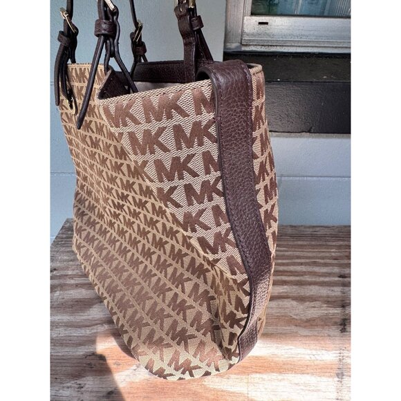 Michael Kors Jet Set Signature Logo Large Brown Tote Bag Gold Hardware Leather - Picture 4 of 13